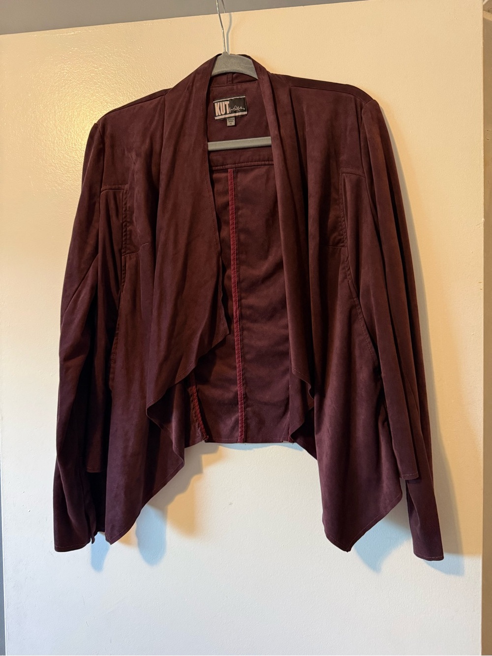 Kut from the Kloth Draped Open Front Blazer in Burgundy